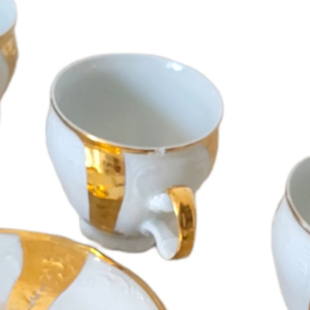 Vintage Bernadotte Gilded Set of 3 tea cups 2 soucer plates and one candy dish